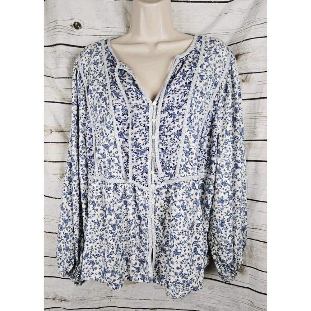 Old Navy Blue Floral Peasant Top XL Cottagecore Cotton Blend Balloon Sleeve